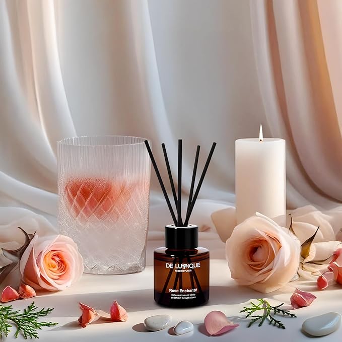 Rose Enchanté Reed Diffuser Oil – Long Lasting Room Scent Diffuser with Premium Essential Oils – Floral Fragrance for Home, Bedroom, or Bathroom Aroma Diffuser – 50ml
