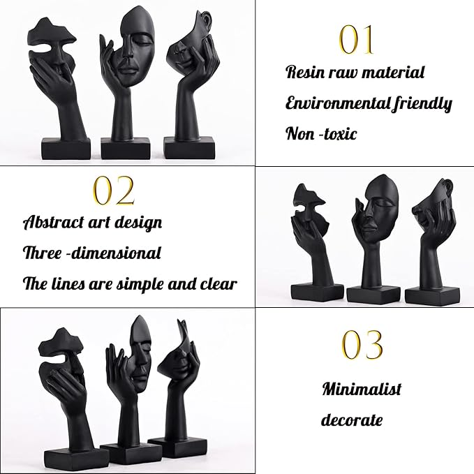 3 Pcs Thinker Small Statue Set - Black Art Abstract Home Accent Figurines for Decor Bedroom, Shelves, Living Room Coffee Table, Office Desktop (3 Pcs Black, 6")