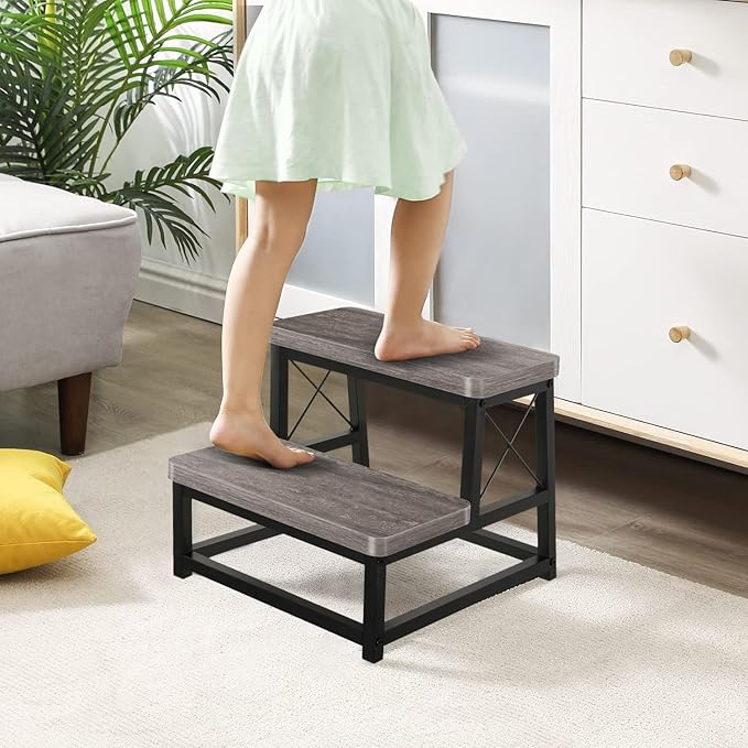 YINMIT Wooden Step Stool for Adults, 2 Tier Heavy Duty Step Stool for High Bed, Using for Bedroom, Living Room, Bathroom and Kitchen, Hold Up to 500 LBS