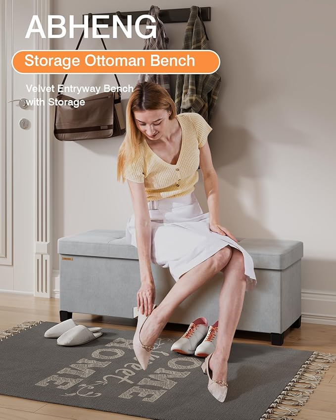 Foldable Storage Ottoman Bench, Velvet Footrest and Seat Cube with Feet, Storage Chest, for Living Room, Bedroom and Office, 15 x 43 x 15.7 Inches, Dove Gray, ASND24G