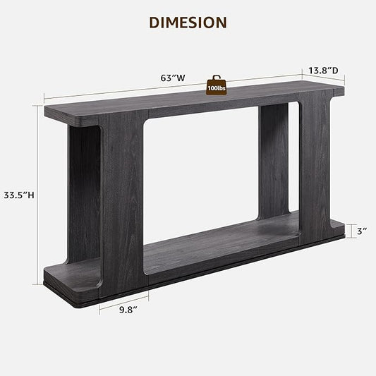 OKD 63 Inch Modern Entryway Console Table, 2-Tier Long Sofa Table Behind Couch with Curved Edge, Wood Farmhouse Narrow Entry Table for Hallway, Living Room, Foyer, Entrance, Dark Alder