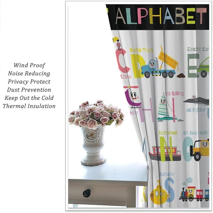 Alphabet Curtains，Catoon Transportation Pattern Blackout Print Window Drapes for Kids Bedroom Living Room 55x63 Inch