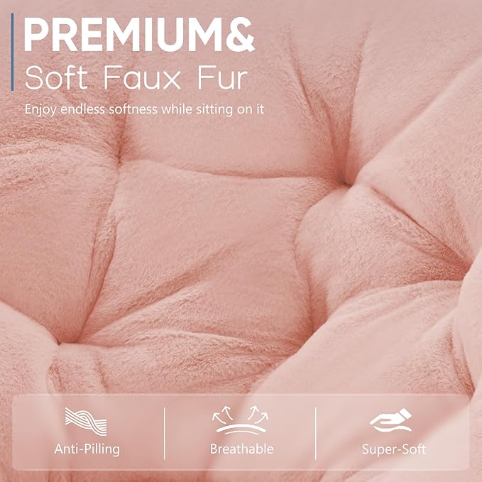 DUMOS Comfy Saucer Chairs Cozy Faux Fur Soft Lounge Cute Folding Bedroom Living Room Seat Flexible Reading Foldable Seating for Kids Adults Thick Padded Metal Frame Modern for Home Office Pink