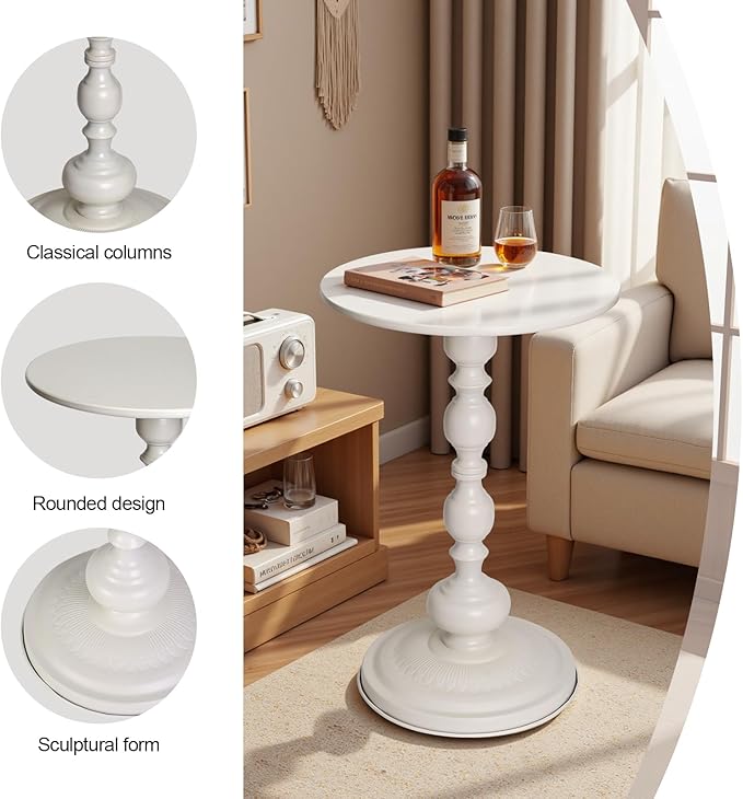 Metal Small Round End Table,Vintage Bedside Drink Table Nightstand for Small Spaces,Modern Accent Pedestal Tables Coffee Tables for Living Room, Bedroom, Corners, Patio,White