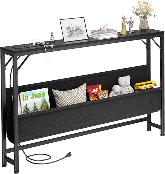 47.2'' Console Table with Charging Station and Storage, Entryway Table with Power Outlets and USB Ports, Behind Couch Table, for Living Room, Foyer, Entryway, Hallway, Black