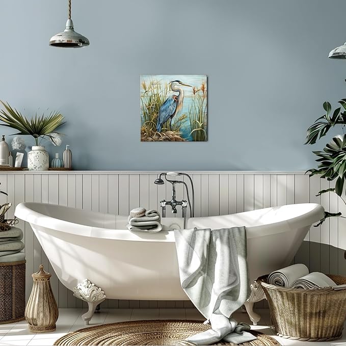 YUEYARIT Bathroom Decor ardea herodias Wall Art Ocean Theme Blue sea Picture Heron Canvas Print Modern Coastal Artwork Framed Hanging Dining Office Living Room