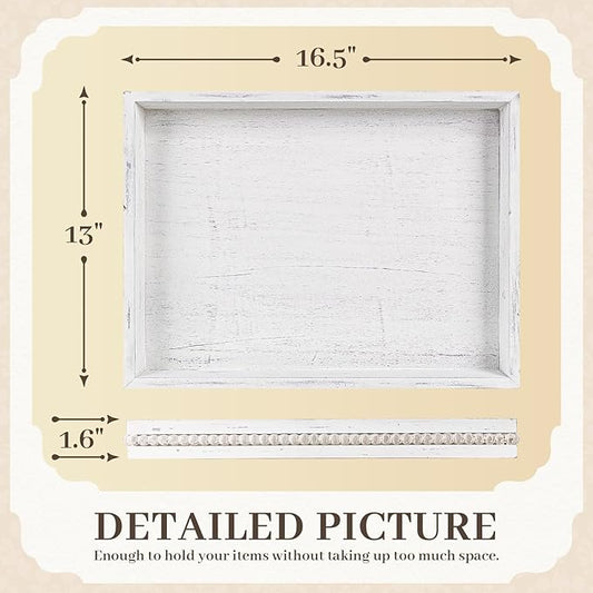 Wooden Decorative Tray, Rectangular Serving Tray with Wood Bead, Farmhouse Big Tray for Ottoman, Countertop, Coffee Tabl, 16.5" x 13"x 1.6" (Retro White)