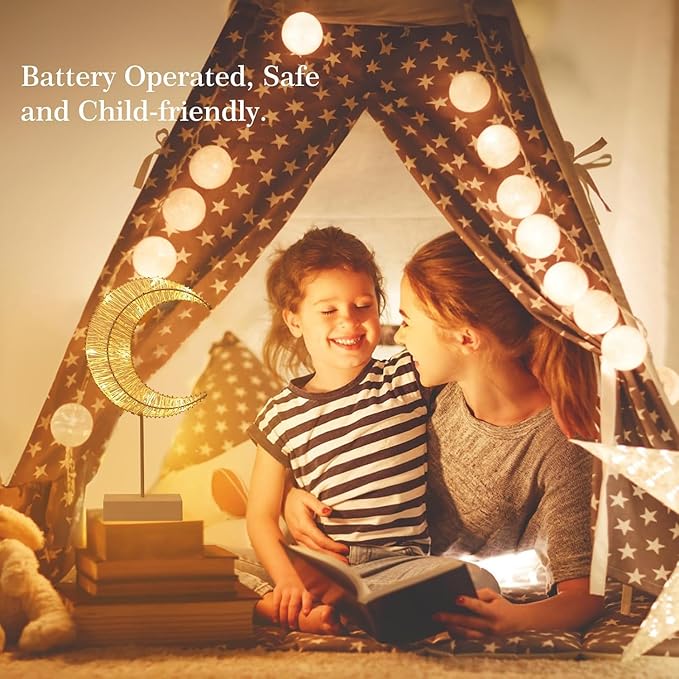 Decorative Table Lamp, Moon Shape Rattan Ramadan Desk Lamp Battery Powered Light, Winding Thread Warm LED Crescent Light Christmas Home Bedroom Romantic Bedside Desktop Nightstand Decoration, White