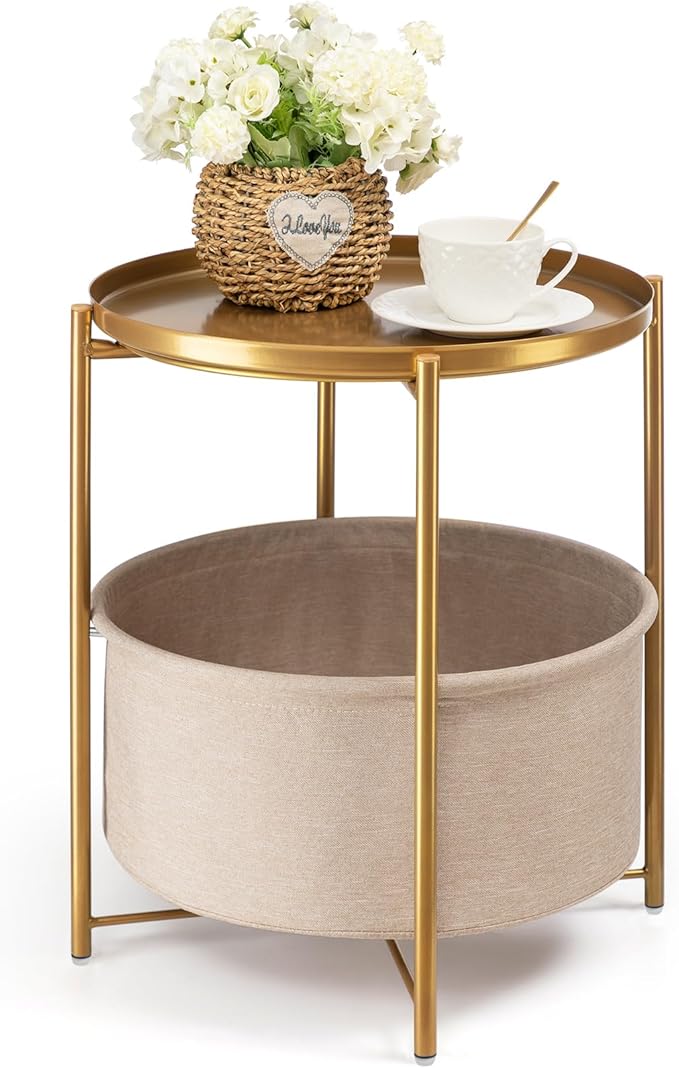 danpinera Round Side Table with Fabric Storage Basket, Pack of 2, Metal Side Table Small Bedside Nightstand with Removable Tray Top for Living Room, Bedroom, Nursery, Laundry, Gold