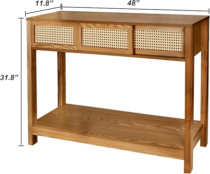 ZYBT Long Console Table, Rattan Entry Table, Console Tables for Entryway, Narrow Wood Console Table with Storage, Rustic Couch Table Hallway Table Brown Boho Sofa Table for Living Room