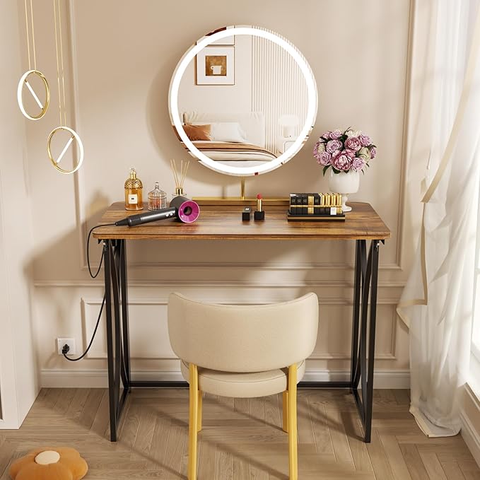 Small Desk, 31.5" Folding Table for Bedroom with Power Outlet, Space Saving Folding Computer Desk for Home Office, Easy Assembly, Brown