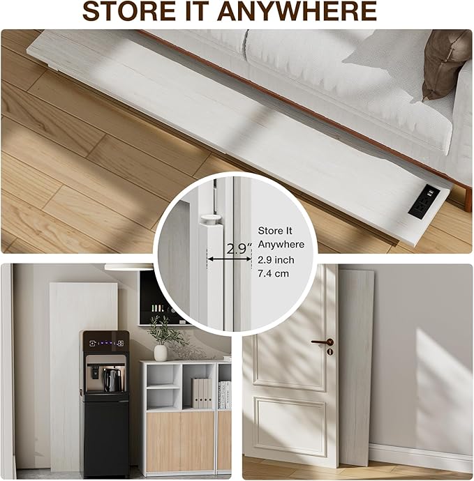 TEMI Long Computer Desk Folding Table - No Assembly, Compact 55.1" Foldable Desk with Power Outlets & USB Charging Port, Portable Lagre Office Desk, Ideal Large Study Table for Narrow Spaces,White Ash