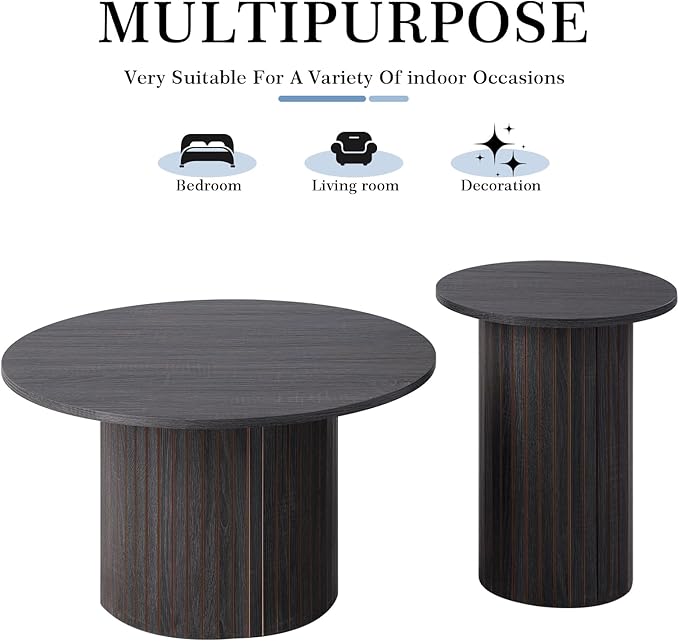Small Round Coffee Table Set of 2, Wood Finish Nesting Coffee Tables, Boho Circle Side Table for Living Room (φ27.6 Large Short + φ15.8 Small Tall)