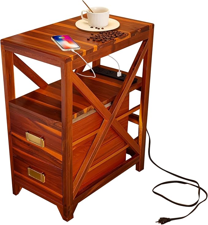 Fully Assembled Narrow Side Table with Charging Station, No Assembly Narrow Nightstand with USB Ports, Pre Assembled Skinny End Table with Outlets for Living Room, Bedroom-Golden Koa