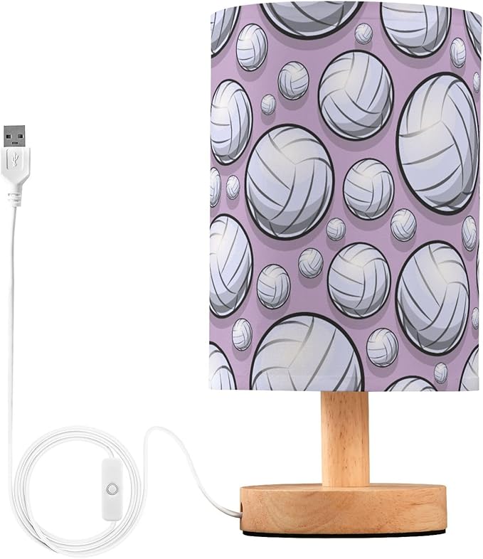Table Lamp Volleyball Pattern Sport Purple Nightstand Lamp with Wood Base Fabric Lamp Shade Bedside Desk Lamp for Living Room Bedroom Kids Room Office
