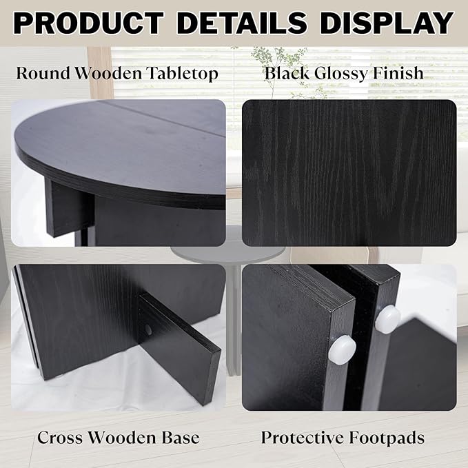 Wooden Round Side Table, Small Drink End Table, Cocktail Table, Modern Accent Night Stand with Wooden Base, Plants Stand for Living Room/Bedroom, Corners, Office, Small Space, Black