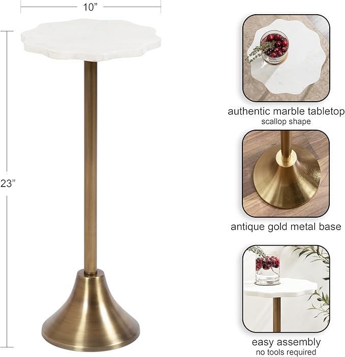 Kate and Laurel Sanzo Modern Pedestal Drink Table, 10 x 10 x 23, Antique Brass and White, Decorative End Table with Scalloped Marble Tabletop for Use as Small Plant Stand or Cute Martini Table