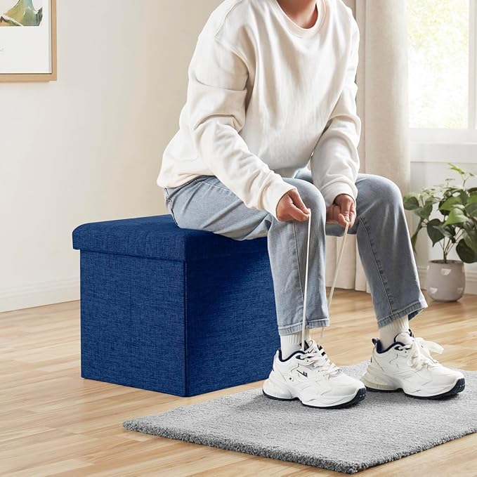 Ornavo Home Foldable Tufted Linen Storage Ottoman Square Cube Foot Rest Stool/Seat - 15" x 15" x 15" (Navy)