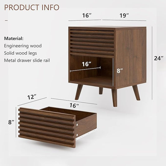Alohappy Mid Century Modern Nightstand, Fluted Night Stand, Wood Bedside Table with Drawer and Cube Storage for Bedroom, Side Accent End Table with Solid Wood Leg for Living Room, Brown, 1pc