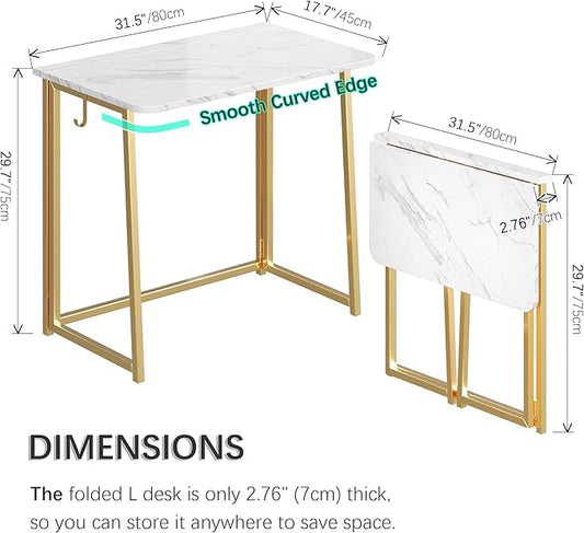 4NM 31.5" Small Folding Desk, Foldable Computer Home Office Desk, Study Writing Table for Small Space Saving Bedroom, Easy Assembly - White and Golden
