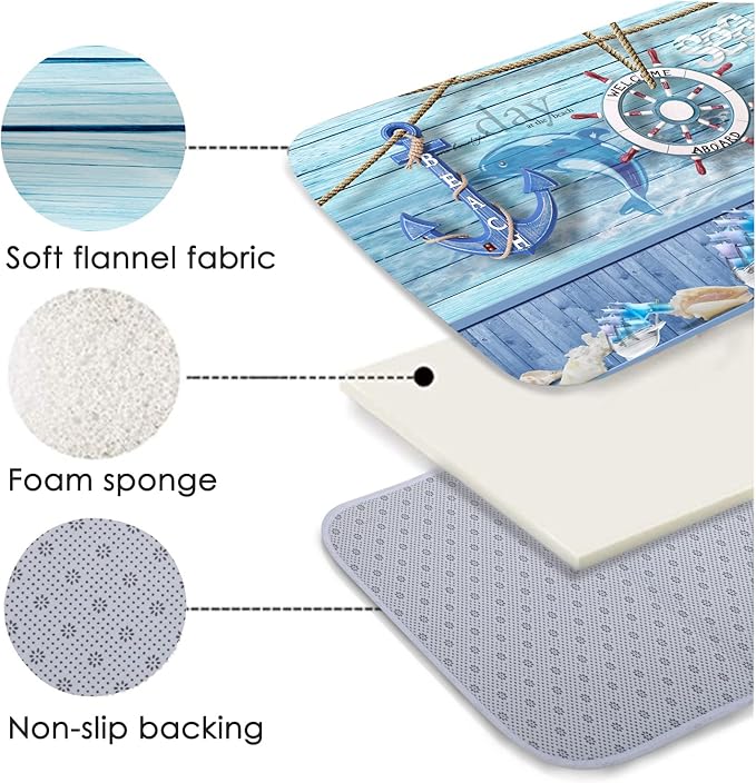 Bath Rugs Sponge Foam Absorbent Soft for Bathroom and Kitchen (71 x 24 inches), Flannel Mat Non Slip Bright 3D Print for Bedside and Living Room(Nautical Anchor Helmsman)