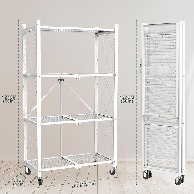 50" H 4 Tier Foldable Storage Shelf with Wheels, Folding Shelving Loads 400 LBS, Metal Steel Garage Shelves, Rolling Standing Utility Rack for Kitchen, Pantry, Office, White