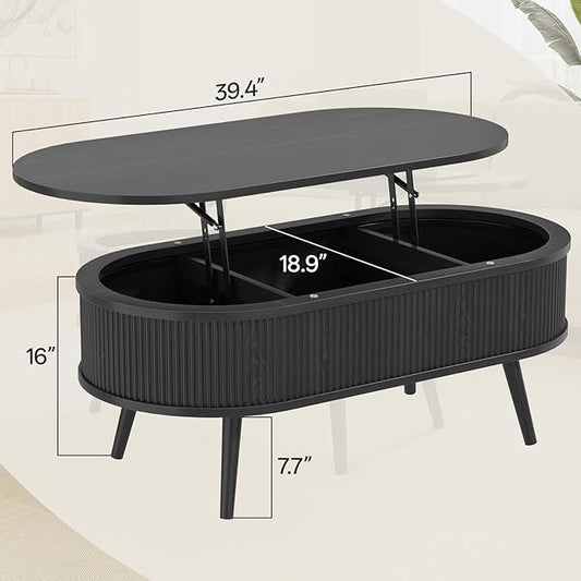 Mid Century Oval Coffee Table, Fluted Center Table with Lift Top, Modern Dining Table with Storage for Living Room Home Office, 39.4", Black