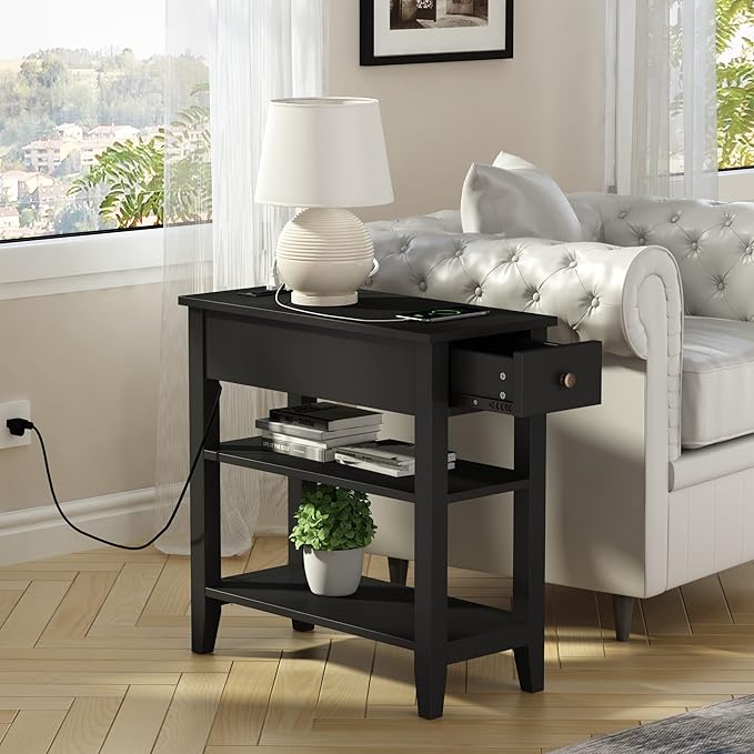 ChooChoo Black End Table Set of 2, Sofa Side Table Living Room with Charging Station,Narrow Night Stand with USB Ports & Power Outlets and Hidden Drawer