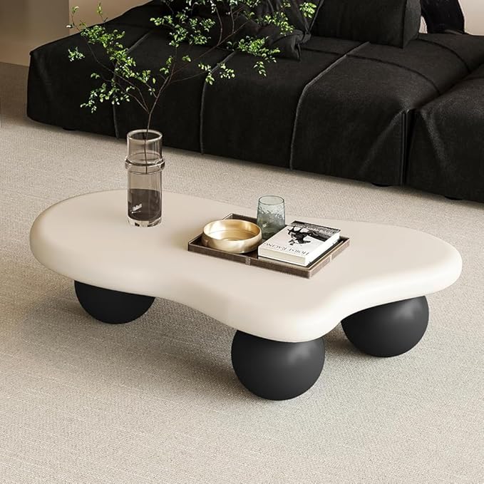40" Cloud Coffee Table for Living Room Irregular Coffee Table Modern Low Coffee Tables Cute Small Center Table with 3 Ball Legs for Small Space Apartment White & Black