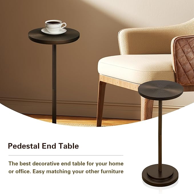 Drink Table, Carved Table Top Martini Table, Small Side Table, Weighted Base Pedestal Table for Living Room, Bedroom, Bathroom, Brown