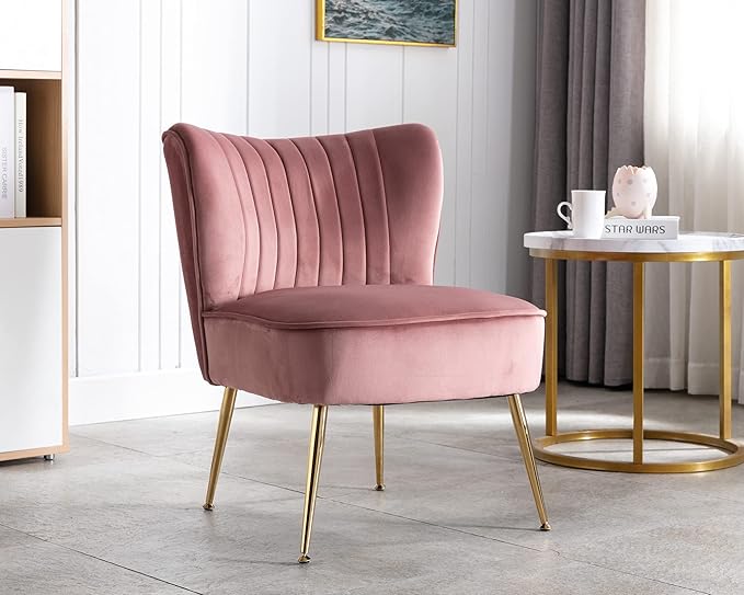 Velvet Accent Chairs Set of 2 Comfy Living Room Chair Armless Slipper Chair Mid Century Side Single Sofa Chair with Golden Legs Wingback for Bedroom Guest Room, Pink