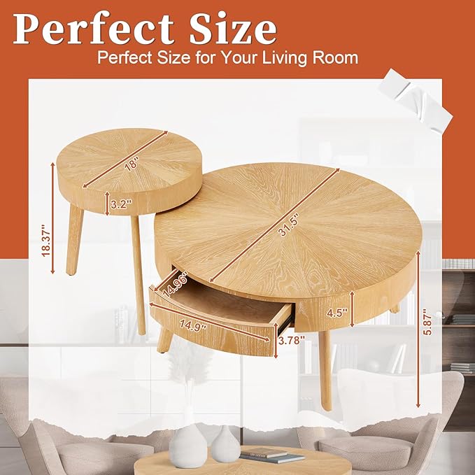 2 Piece Modern Farmhouse Coffee Table Set with Drawer, Boho Round Natural Real Wood Coffee Table for Living Room, Nesting Coffee Side Table Set with Radial Design, Light Brown