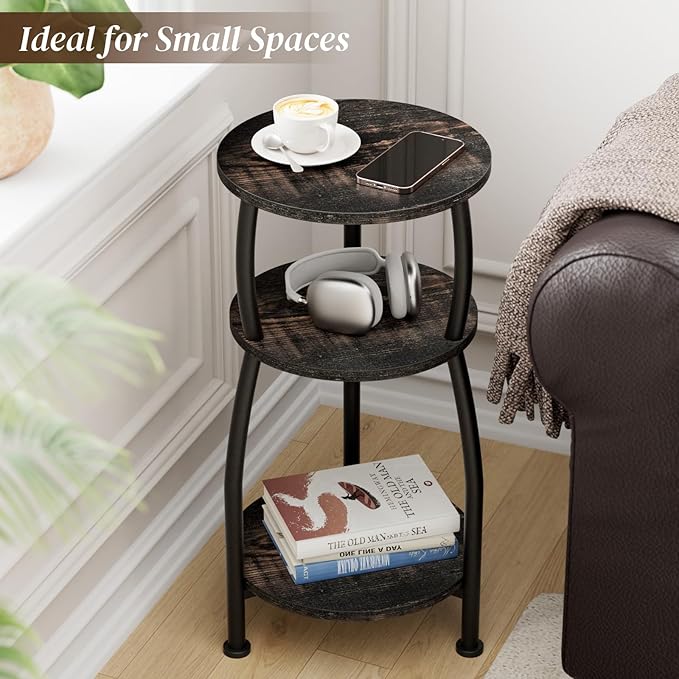Small Round Side Table, 3-Tier End Table with Storage Shelf, Slim Sofa Table Coffee Table, Sturdy & Easy Assemble Nightstand for Small Spaces, Living Room Bedroom Corner, Oak Dark