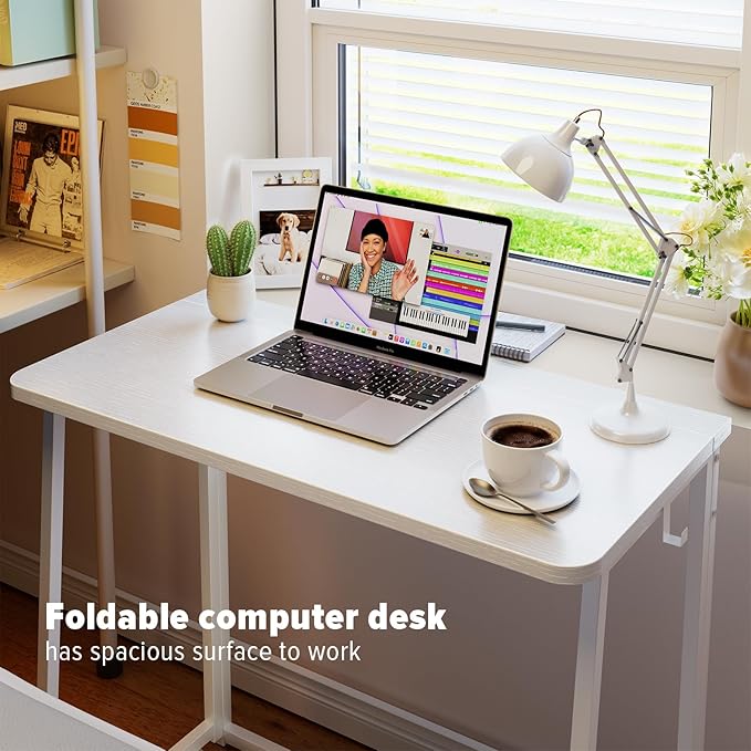 WOHOMO Folding Desk, 31.5" Small Desk for Small Spaces, Easy Assemble Foldable Computer Desk for Laptop, Mini Portable Working Table Narrow Wooden Writing Workstation for Home Office, White