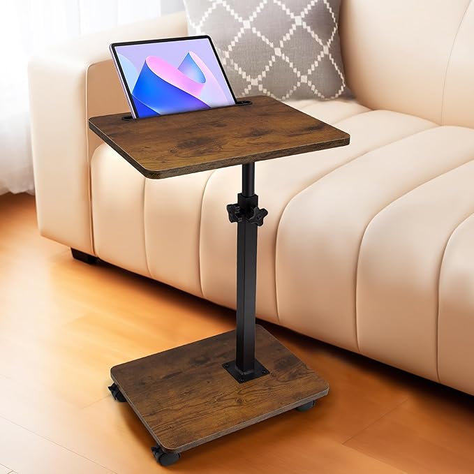 Aoligrace C Table End Table Adjustable Height, 360°Swivel TV Tray Table with Wheels, Small Side Table for Couch C Shaped End Table for Living Room Bedroom Small Spaces (Rustic Brown)