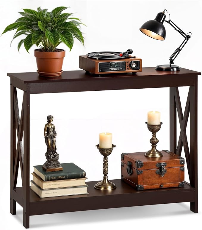 SUPER DEAL Console Table 39.5”, 2-Tier Narrow Sofa Side Table with Storage Shelf, Entrance Table for Hallway/Foyer/Living Room/Corridor/Office, Espresso