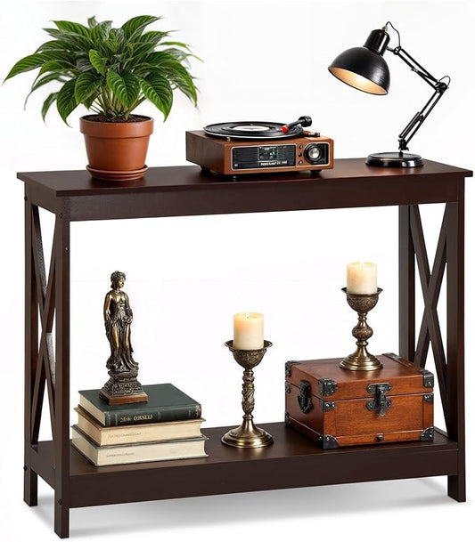 SUPER DEAL Console Table 39.5”, 2-Tier Narrow Sofa Side Table with Storage Shelf, Entrance Table for Hallway/Foyer/Living Room/Corridor/Office, Espresso