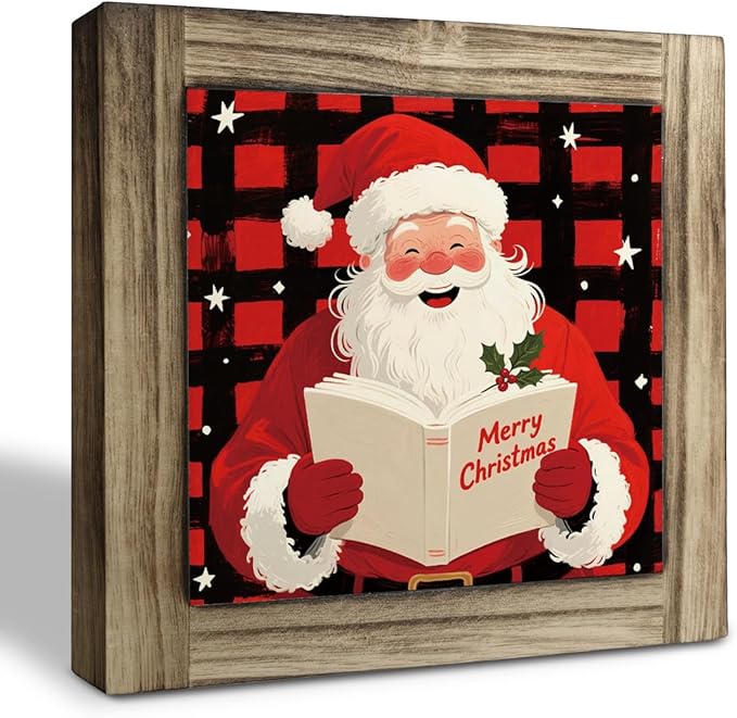 Merry Christmas Wood Sign, Santa Wooden Box Sign Decor, Wood Plaques Desk Decor, Shelf Decoration, Happy Christmas Vibe Decoration for Home Office Cafe Bar Club, Merry Xmas Gift