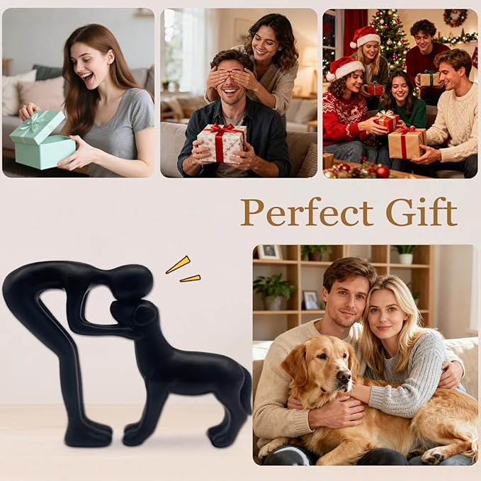 Mingzhang Human and Dog Statue Decoration Cute Black Dog Sculpture Home Decor for Office Living Room Bedroom, Memory Gifts for Pet Lovers Friends Family