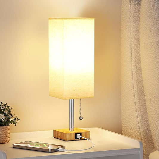 aooshine Beige Small Table Lamp for Bedroom - 3 Color Temperature 3000K 5000K 4000K Bedside Lamp, Pull Chain Control, USB A and C Ports, Wood-Grain Base, Bulb Included