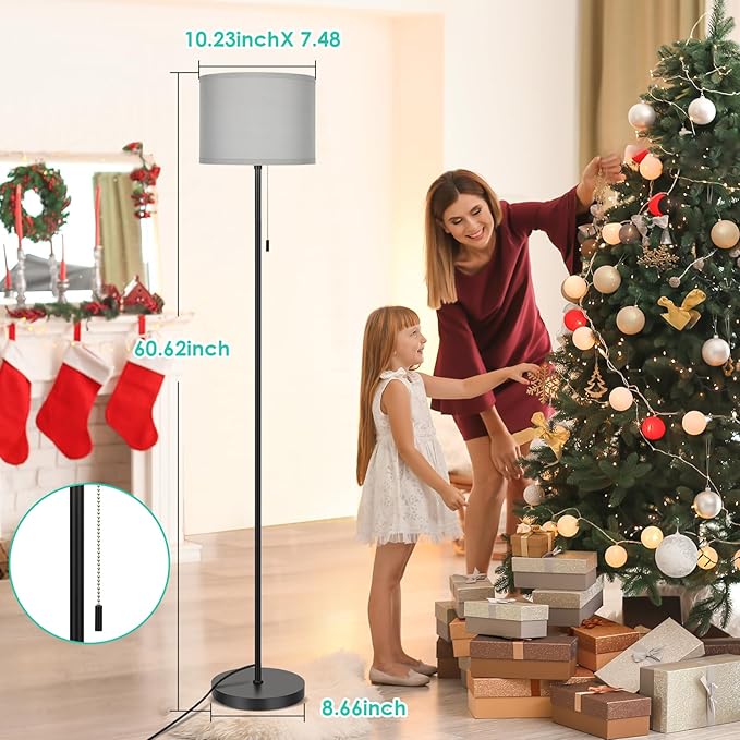 FOLKSMATE Floor Lamp for Living Room, Modern LED Simple Standing Lamp, Minimalist Tall Light for Bedroom, Office, Kids Room, Reading, Black Pole With Grey Shade, Without Bulb