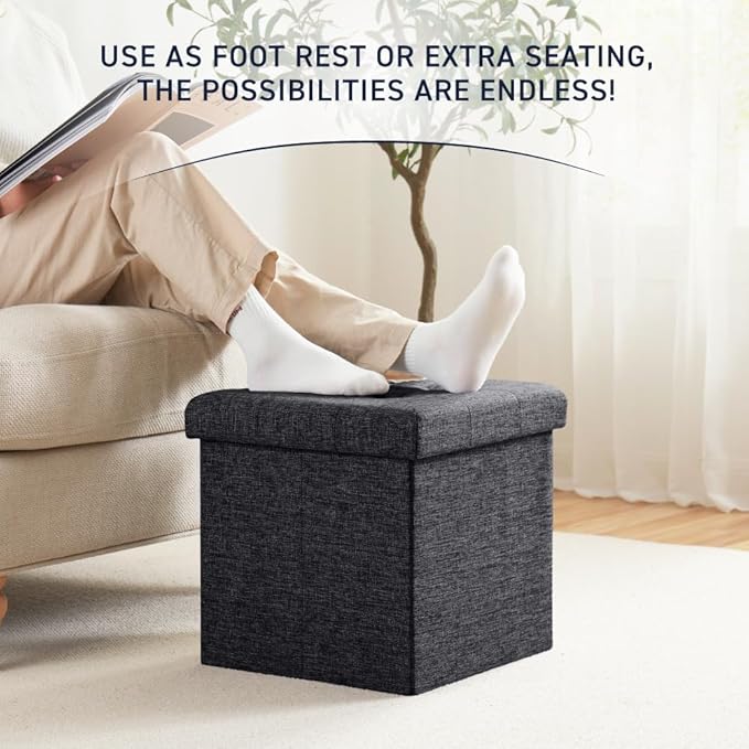 Ornavo Home Foldable Tufted Linen Storage Ottoman Square Cube Foot Rest Stool/Seat - 15" x 15" x 15" (Black)