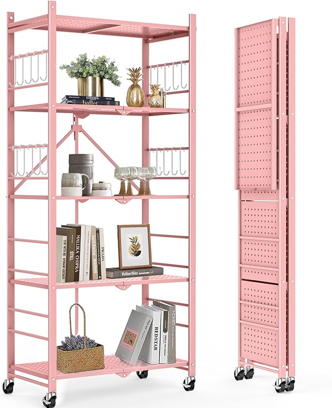 Storage Shelves with 20 Hooks, 5-Tier Foldable Shelves for Storage, Folding Shelf Unit Pantry Shelves with Wheels, Standing Shelving Unit for Kitchen Garage Home Office Room Greenhouse, Pink