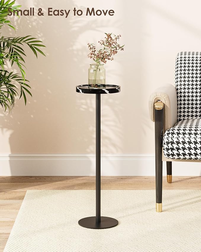 Drink Table, Small Pedestal Side Table, Round Cocktail Table, Circle Accent End Table with Metal Base, for Small Spaces (2, Black Marble)