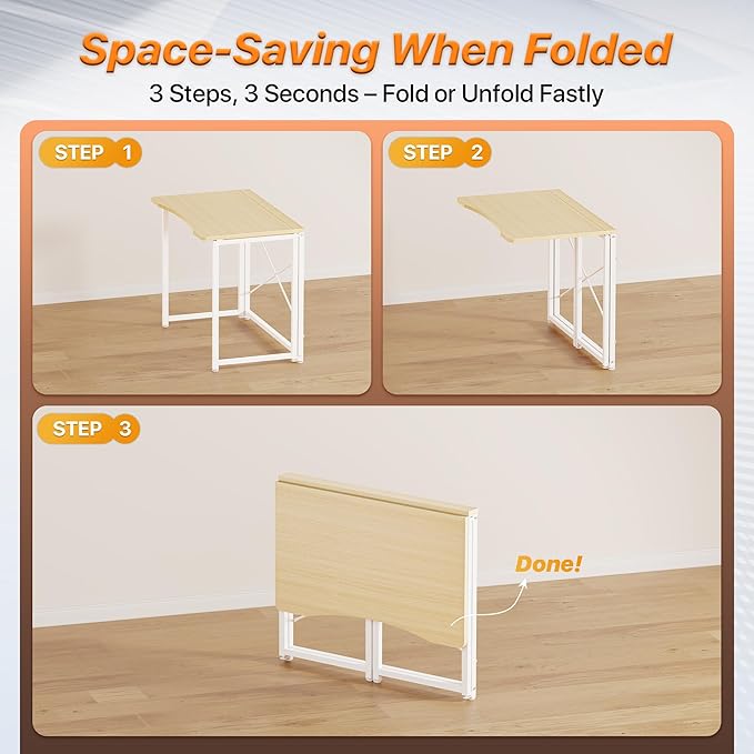 Huuger Folding Desk for Small Spaces, 31.5 Inch Foldable Computer Table, for Home Office, Study, Bedroom, Dorm, Space Saving, Small Writing Work Office Computer Desk, Easy to Fold, Oak