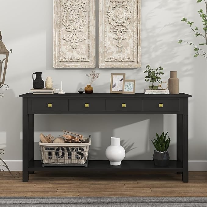 59.1 Inch Extra Long Console Table Black - Modern Entryway Table with Drawers & Storage, Narrow Sofa Table for Living Room