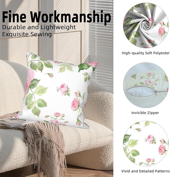 Pink Roses Throw Pillow Covers Set of 4 Blossom Flower Rustic Floral Green Leaves White Romantic Art Design Square Pillowcases for Chair Bed Outdoor Couch Bedroom Patio Farmhouse 26x26Inch