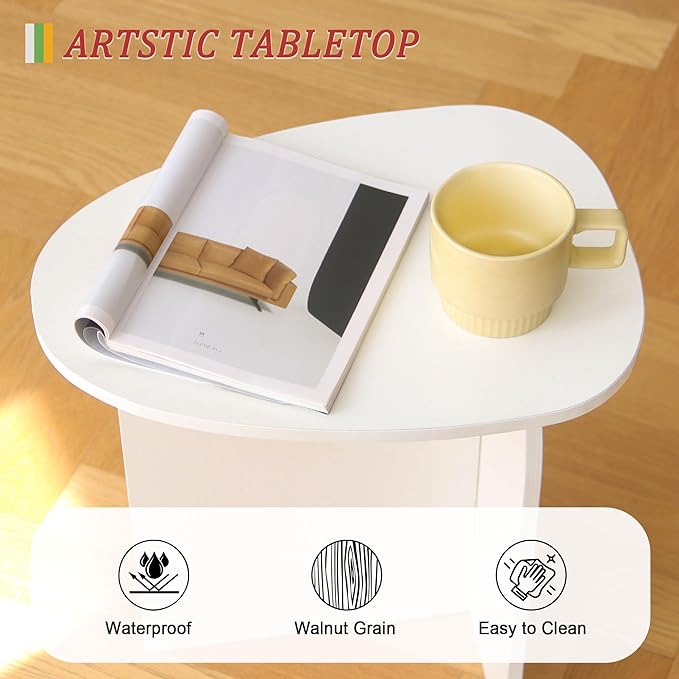 AWASEN White Side Table, Small Triangle End Table Living Room, Modern Accent Table with Unique Tabletop, Mini Bedside Table for Small Spaces, White