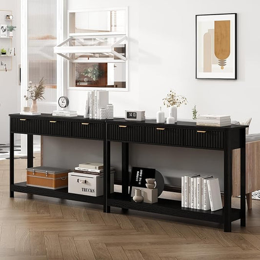 Set of 2 Console Table with Drawers, Modern 47.1" Entryway Table with Storage Shelf, Boho Narrow Skinny Behind Couch Wood Sofa Table for Living Room Hallway Entrance Foyer,Black