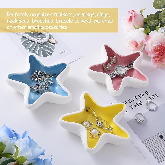 Ceramic Starfish Jewelry Tray, Shell Trinket Dish, Ocean-themed Ring Holder Dish Decorative Tray for Earrings Necklaces Bracelet Watch Key, Yellow Room Decor for Gift